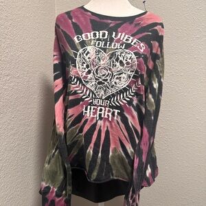 No Boundaries Tie-Dye Long Sleeve Top - Pink, Black, Green with a nice graphic